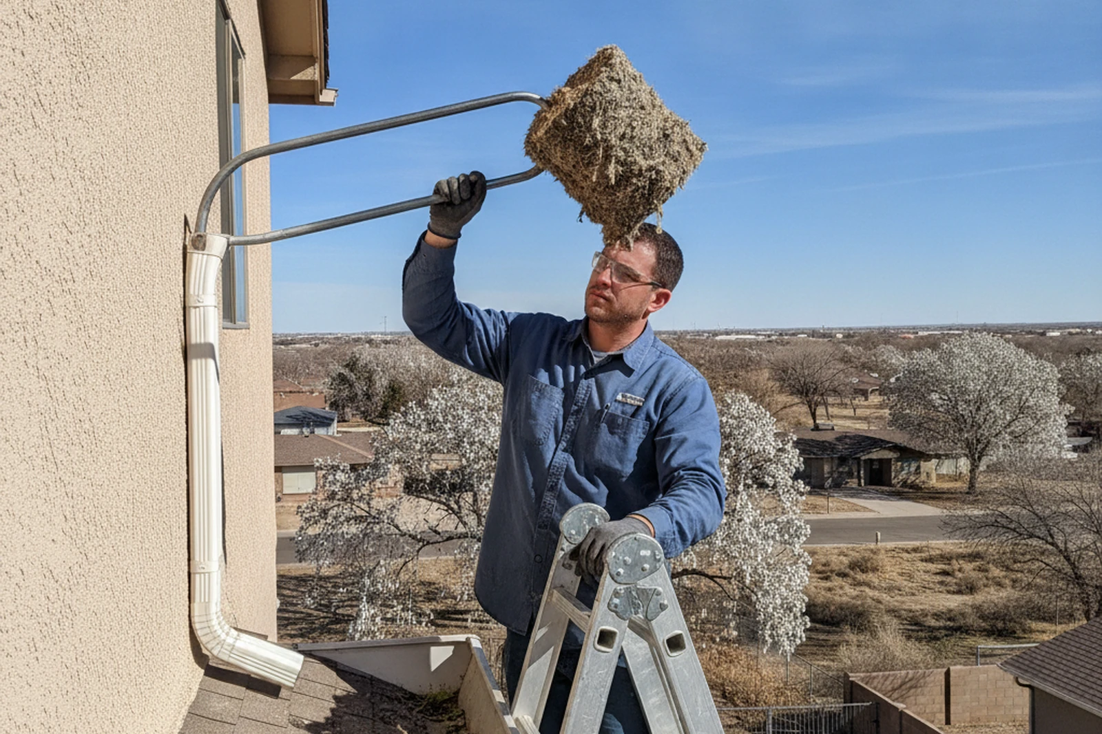Manual cottonwood fluff plug extraction downspout Roswell New Mexico Chaves County tool extraction high desert gutter