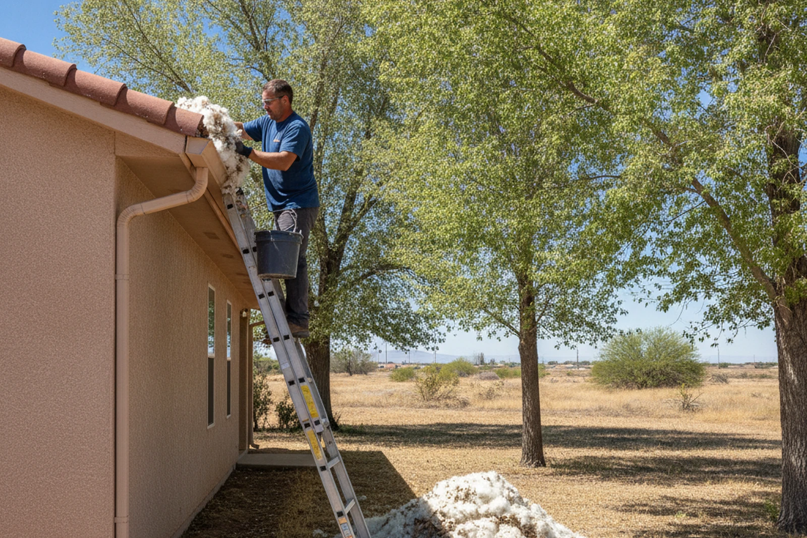 Gutter cleaning specialist Roswell New Mexico Chaves County cottonwood fluff pre-monsoon cleanout residential Matt high desert