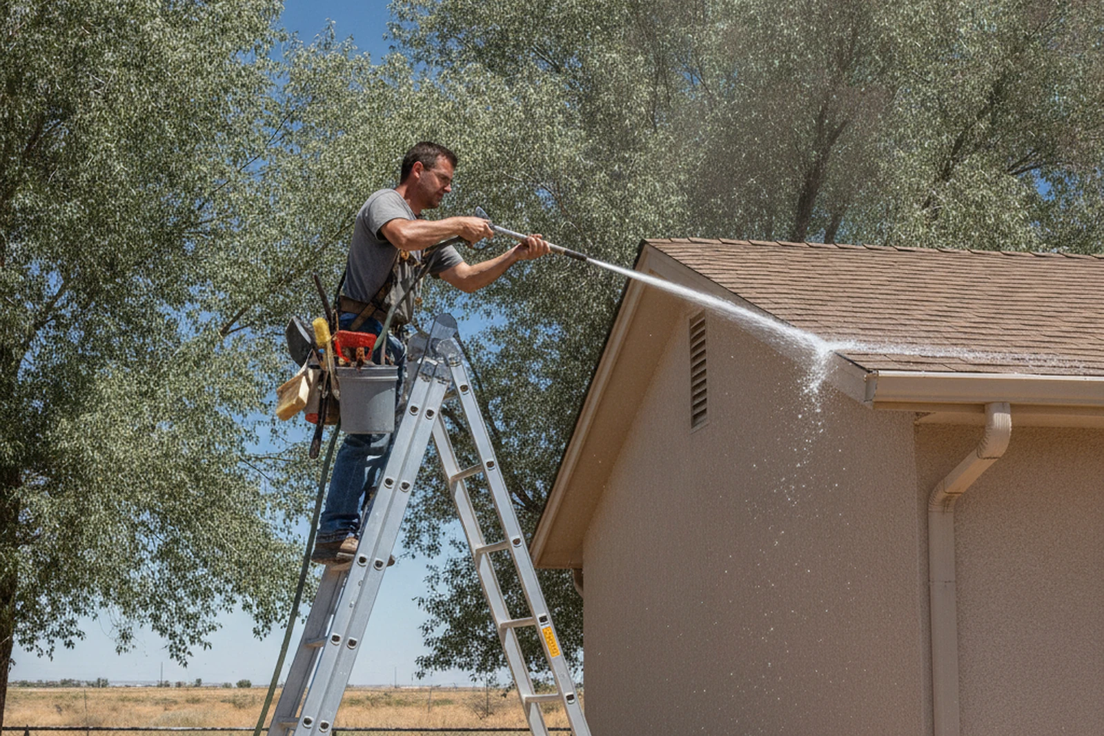 Pre-monsoon gutter inspection flushing Roswell New Mexico Chaves County June cottonwood trees residential Matt